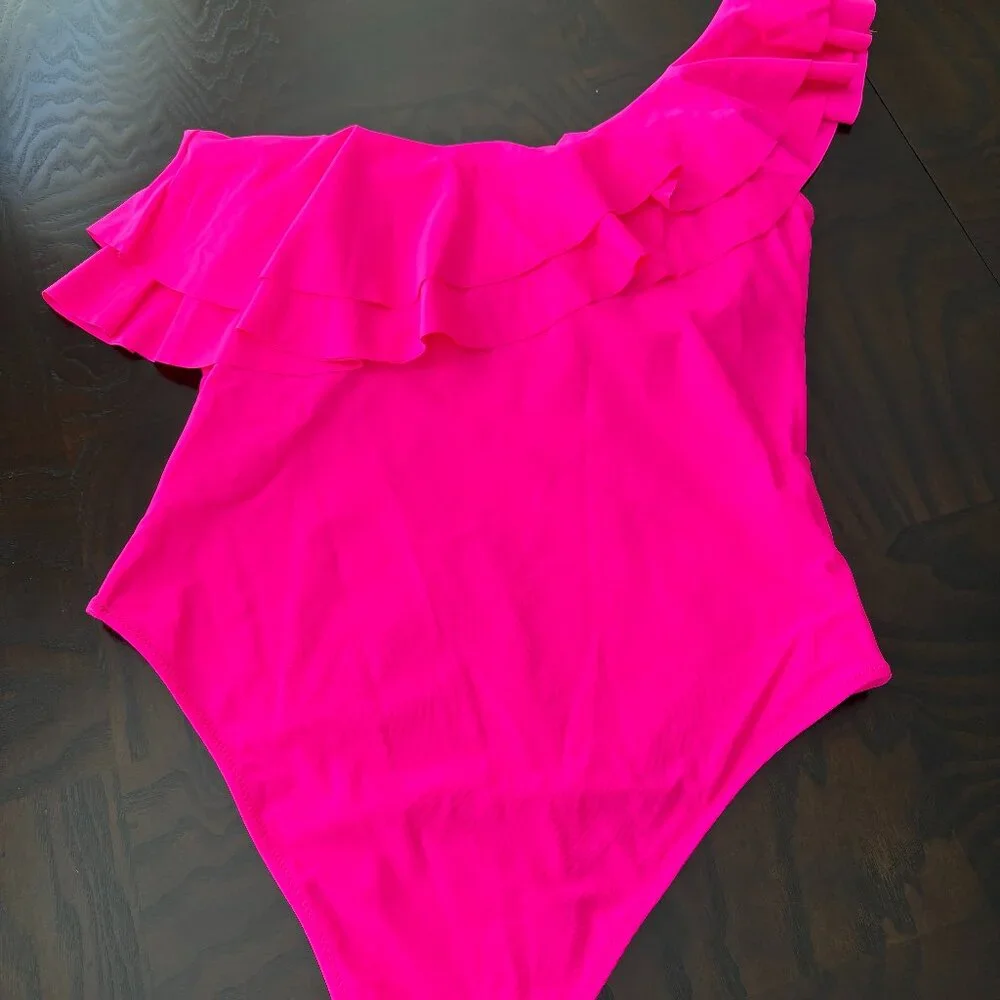 Hot Pink Swimsuit One Piece One Shoulder Ruffle by Hilinker - SZ XL NEW - Picture 3 of 6